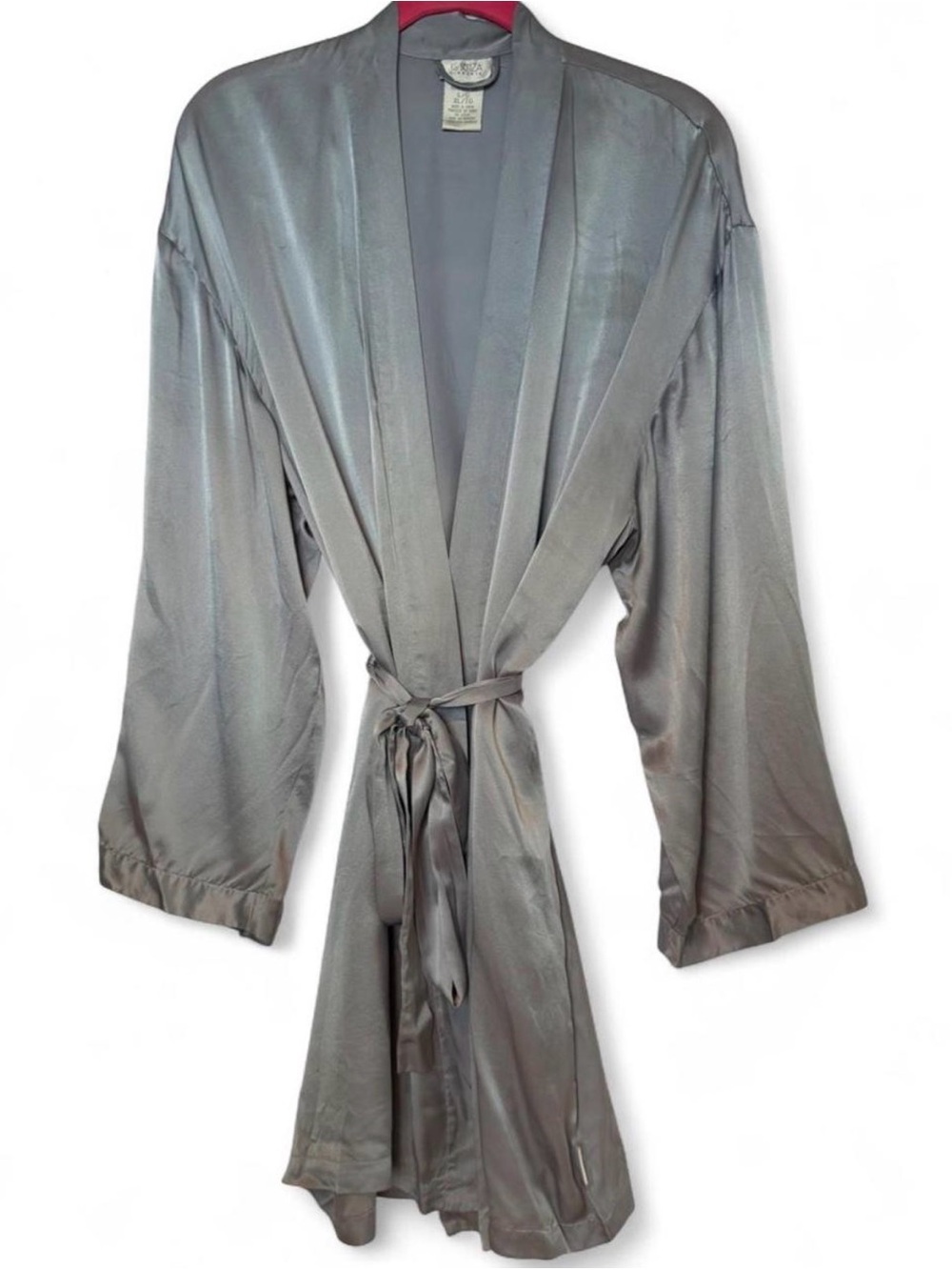 Vintage La Senza 100% Silk Silver-Grey Women's Satin Robe with Tie Belt